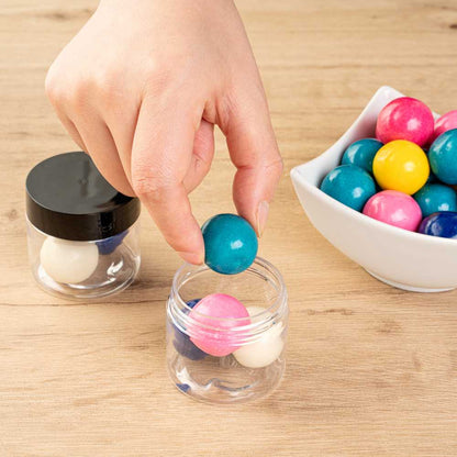 Chef 101 2 oz Round Clear Plastic Candy and Snack Jar - with Black Plastic Lid - 2" x 2" x 1 3/4" - 100 count box