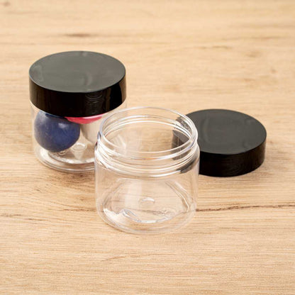 Chef 101 2 oz Round Clear Plastic Candy and Snack Jar - with Black Plastic Lid - 2" x 2" x 1 3/4" - 100 count box