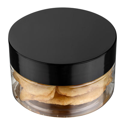 Chef 101 4 oz Round Clear Plastic Candy and Snack Jar - with Black Plastic Lid - 2 3/4" x 2 3/4" x 1 1/2" - 10 count box
