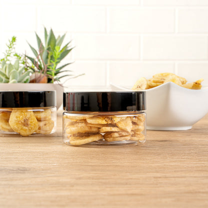 Chef 101 4 oz Round Clear Plastic Candy and Snack Jar - with Black Plastic Lid - 2 3/4" x 2 3/4" x 1 1/2" - 10 count box