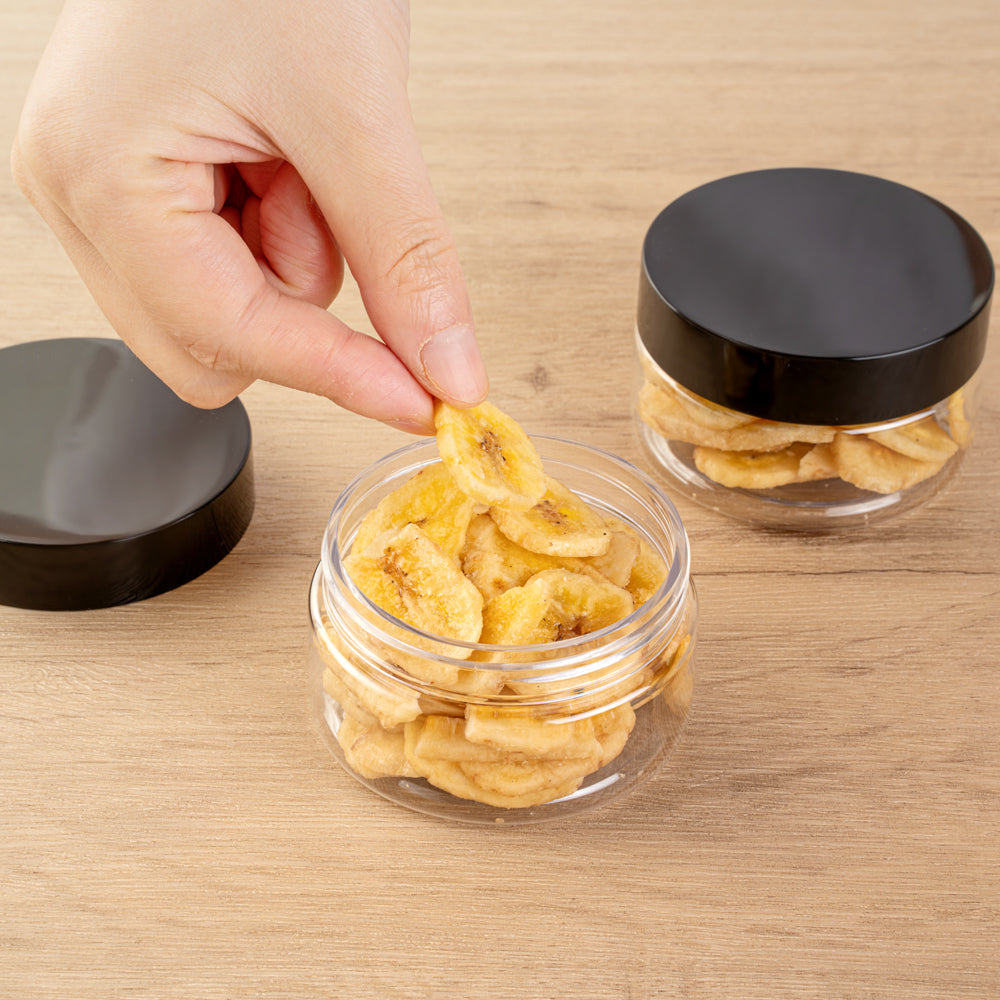 Chef 101 4 oz Round Clear Plastic Candy and Snack Jar - with Black Plastic Lid - 2 3/4" x 2 3/4" x 1 1/2" - 10 count box