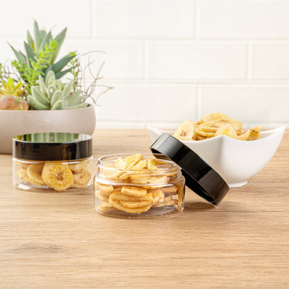 Chef 101 4 oz Round Clear Plastic Candy and Snack Jar - with Black Plastic Lid - 2 3/4" x 2 3/4" x 1 1/2" - 10 count box