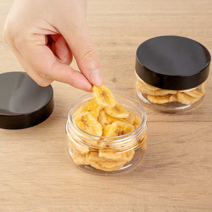 Chef 101 4 oz Round Clear Plastic Candy and Snack Jar - with Black Plastic Lid - 2 3/4" x 2 3/4" x 1 1/2" - 100 count box