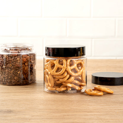 Chef 101 8 oz Round Clear Plastic Candy and Snack Jar - with Black Plastic Lid - 3" x 3" x 3" - 10 count box