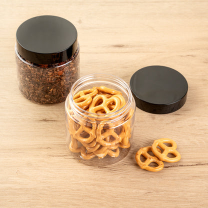 Chef 101 8 oz Round Clear Plastic Candy and Snack Jar - with Black Plastic Lid - 3" x 3" x 3" - 10 count box