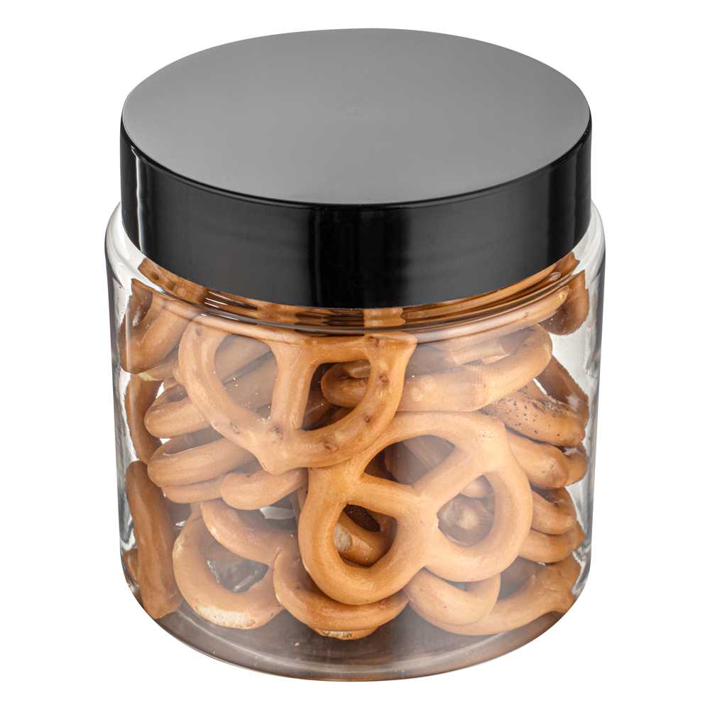Chef 101 8 oz Round Clear Plastic Candy and Snack Jar - with Black Plastic Lid - 3" x 3" x 3" - 100 count box