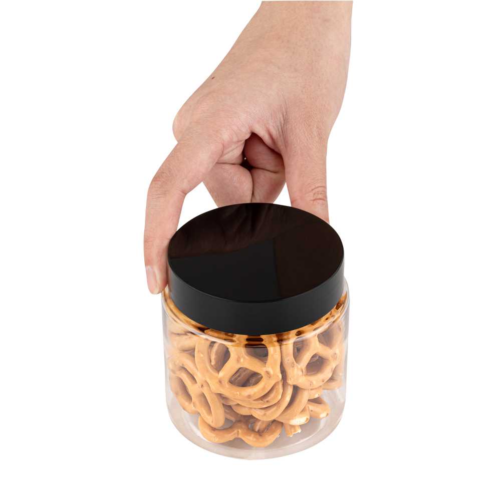 Chef 101 8 oz Round Clear Plastic Candy and Snack Jar - with Black Plastic Lid - 3" x 3" x 3" - 100 count box