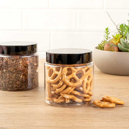 Chef 101 8 oz Round Clear Plastic Candy and Snack Jar - with Black Plastic Lid - 3" x 3" x 3" - 100 count box