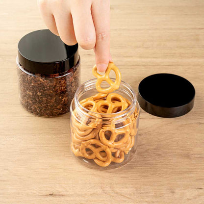 Chef 101 8 oz Round Clear Plastic Candy and Snack Jar - with Black Plastic Lid - 3" x 3" x 3" - 100 count box