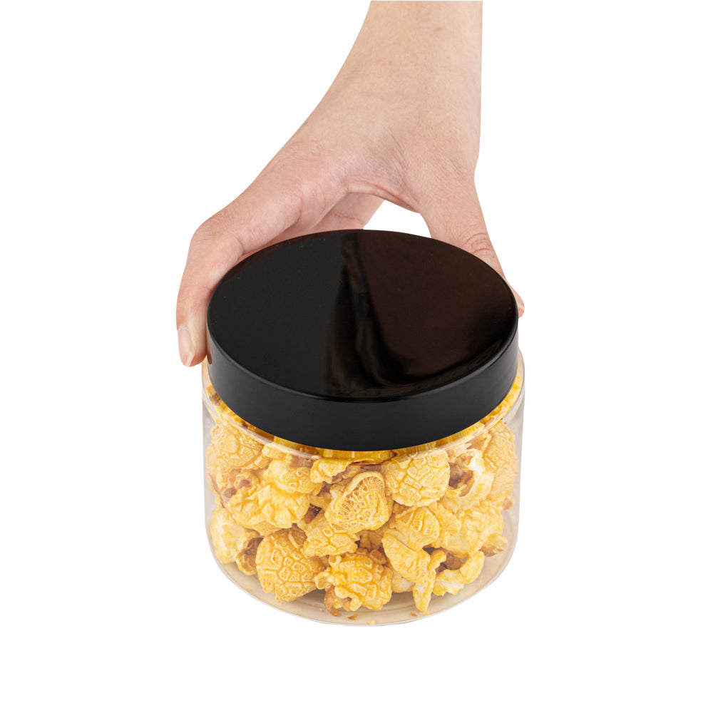Chef 101 16 oz Round Clear Plastic Candy and Snack Jar - with Black Plastic Lid - 3 3/4" x 3 3/4" x 3" - 10 count box