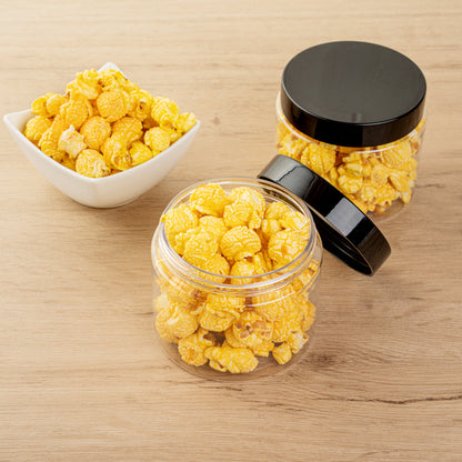 Chef 101 16 oz Round Clear Plastic Candy and Snack Jar - with Black Plastic Lid - 3 3/4" x 3 3/4" x 3" - 10 count box