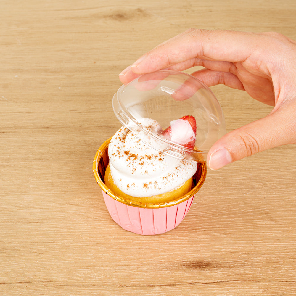 Panificio Round Clear Plastic Dome Lid - Fits 3.5 oz Foil Paper Baking Cup - 2 3/4" x 2 3/4" x 1 1/2" - 50 count box