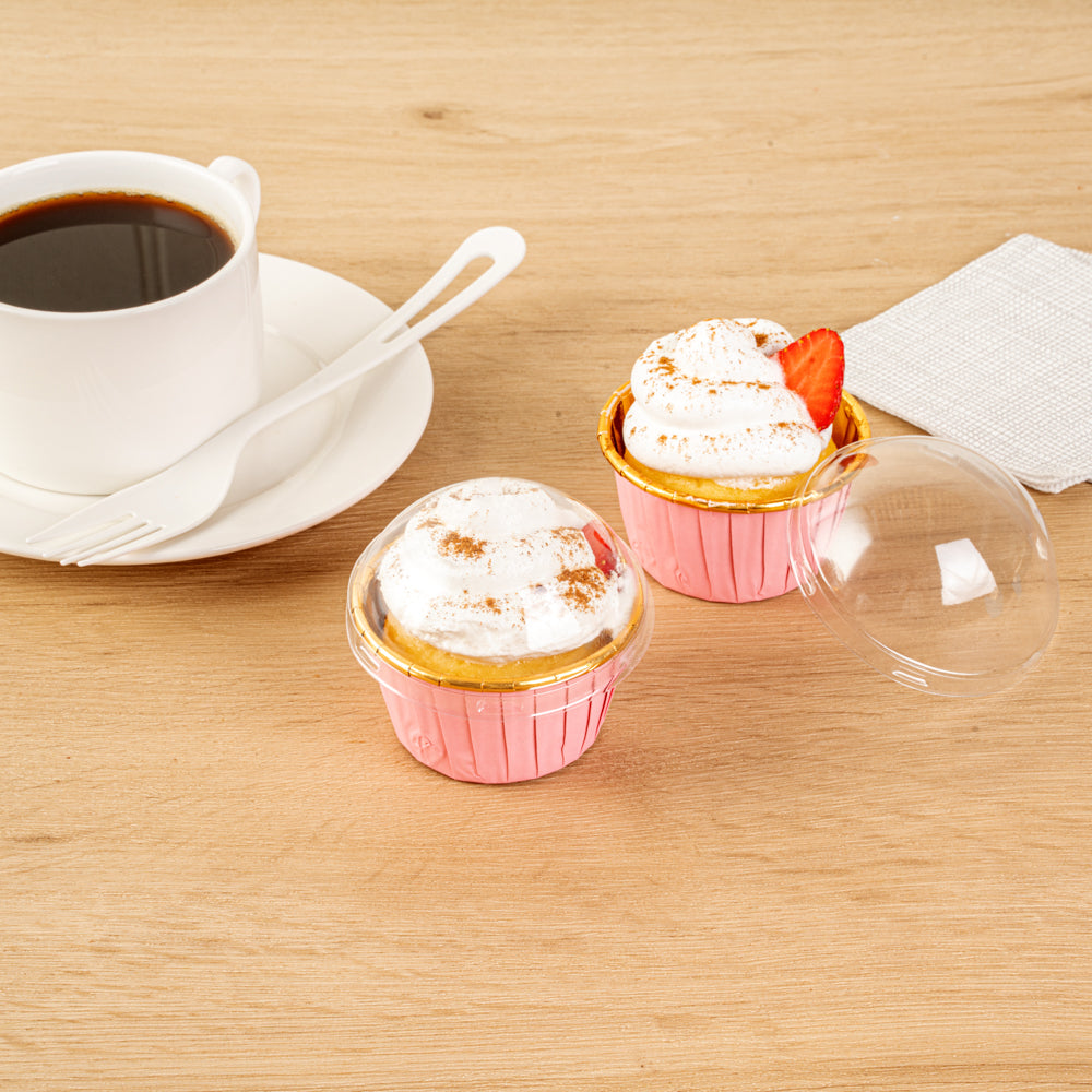 Panificio Round Clear Plastic Dome Lid - Fits 3.5 oz Foil Paper Baking Cup - 2 3/4" x 2 3/4" x 1 1/2" - 50 count box