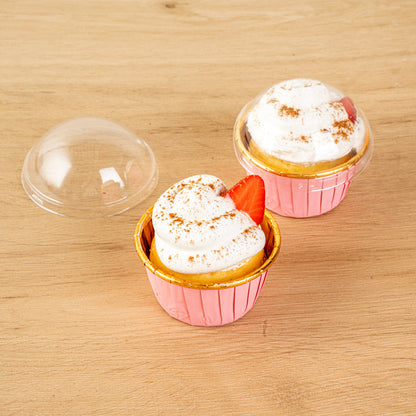 Panificio Round Clear Plastic Dome Lid - Fits 3.5 oz Foil Paper Baking Cup - 2 3/4" x 2 3/4" x 1 1/2" - 50 count box