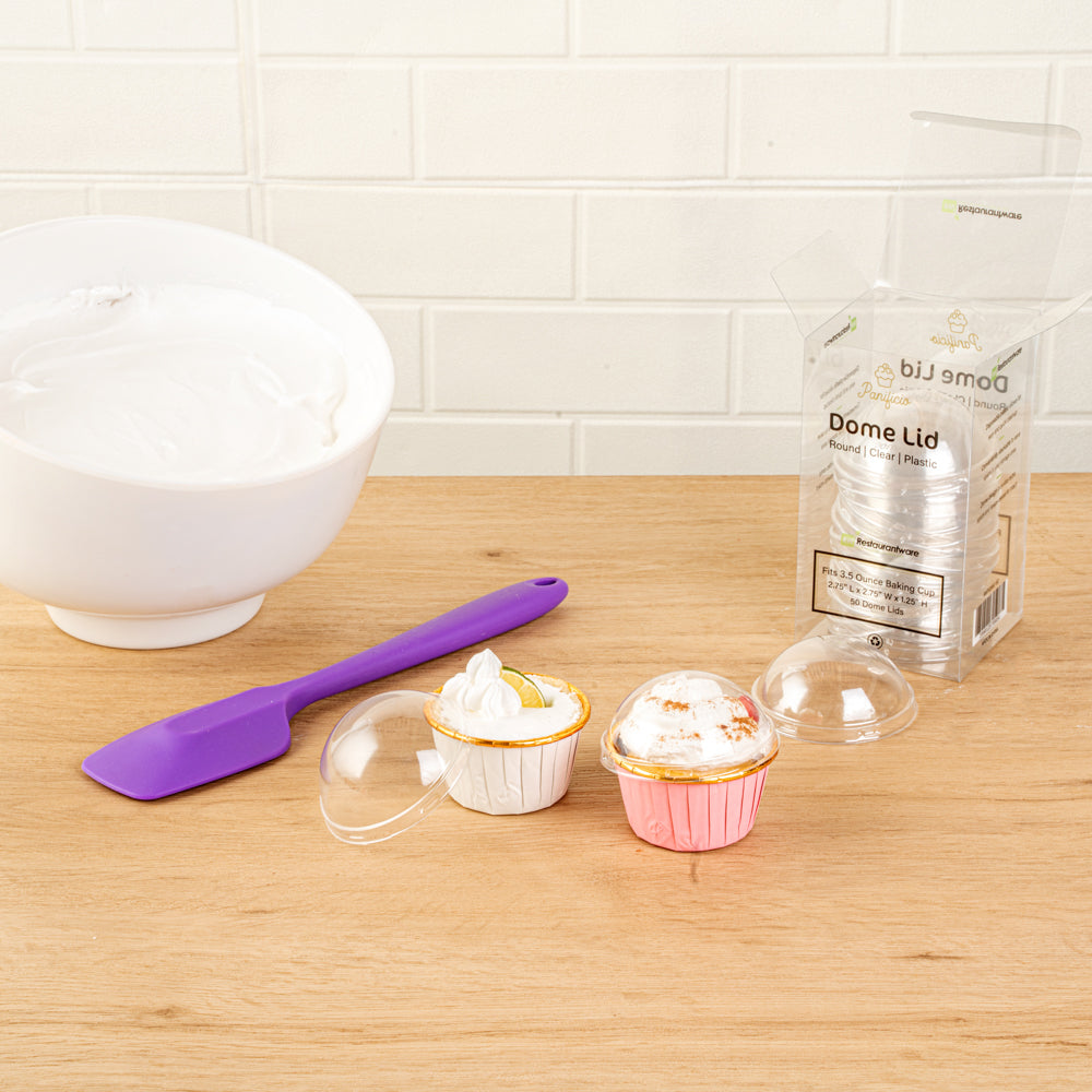 Panificio Round Clear Plastic Dome Lid - Fits 3.5 oz Foil Paper Baking Cup - 2 3/4" x 2 3/4" x 1 1/2" - 50 count box