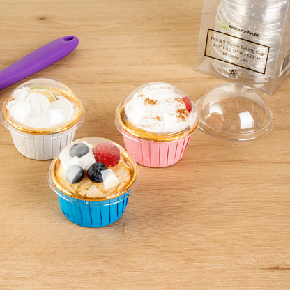 Panificio Round Clear Plastic Dome Lid - Fits 3.5 oz Foil Paper Baking Cup - 2 3/4" x 2 3/4" x 1 1/2" - 50 count box