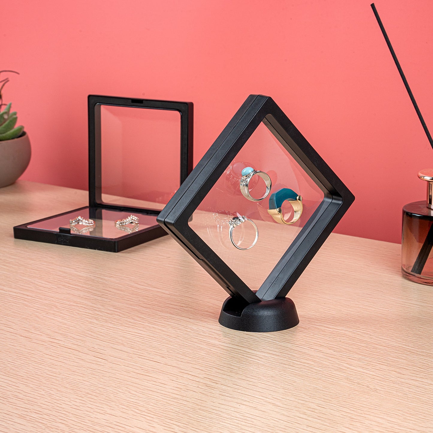 Display Tek Square Black Plastic 3D Floating Display Case - 4 1/4" x 4 1/4" x 3/4" - 10 count box