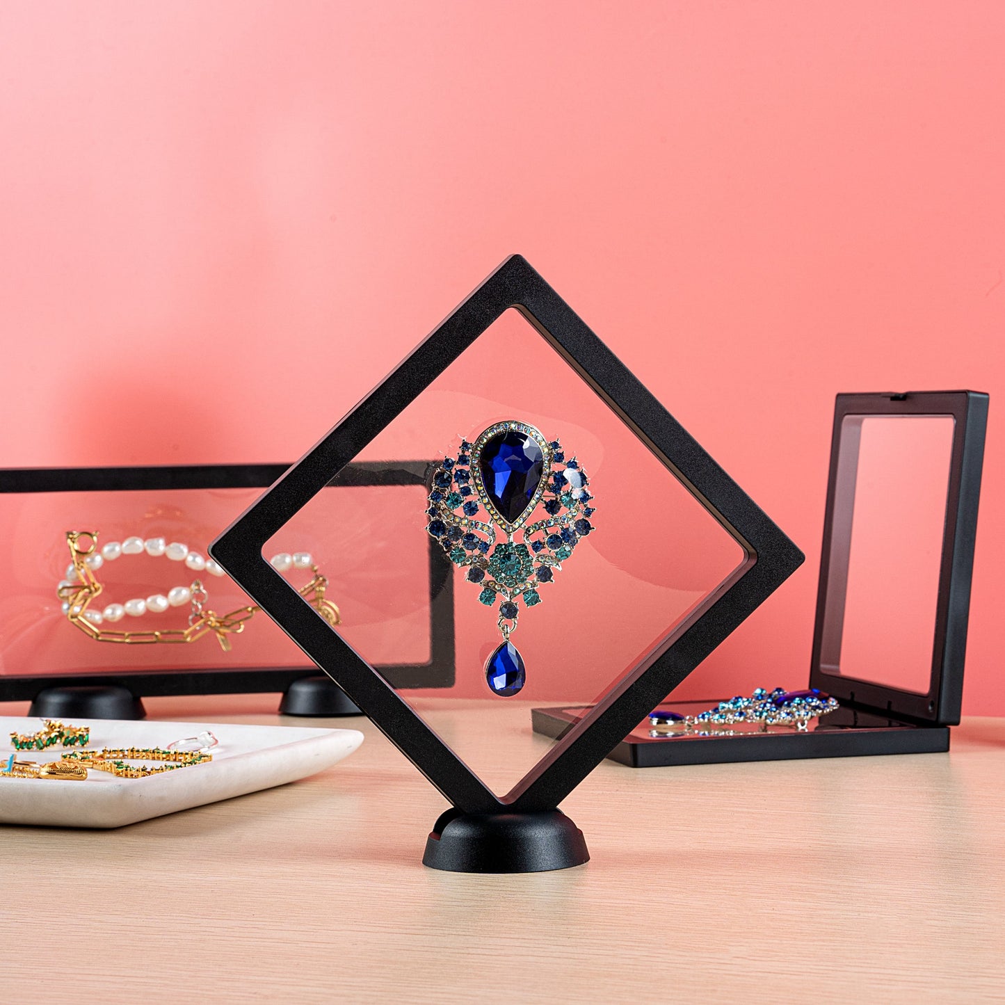 Display Tek Square Black Plastic 3D Floating Display Case - 5 1/2" x 5 1/2" x 3/4" - 10 count box