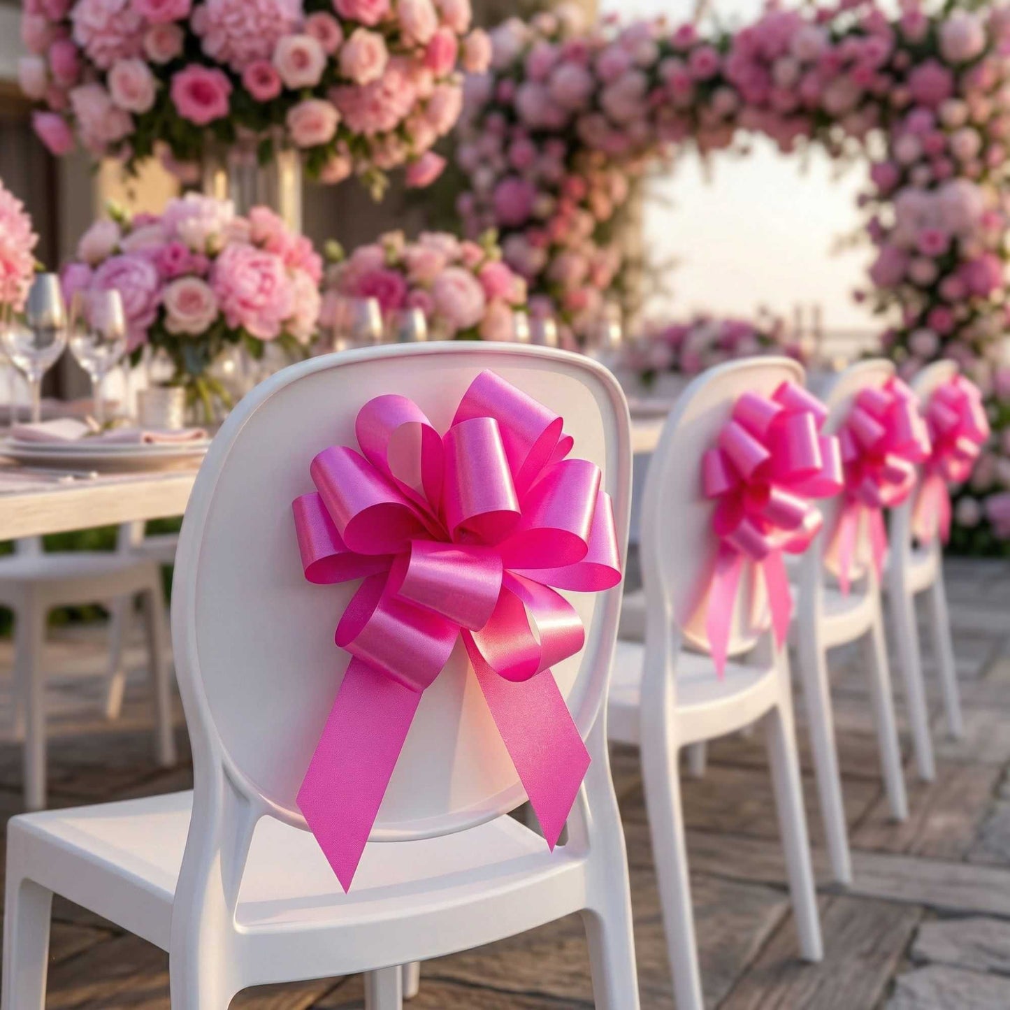 Gift Tek Hot Pink Plastic Flora Satin Pull Bow - 5 1/2" - 1000 count box