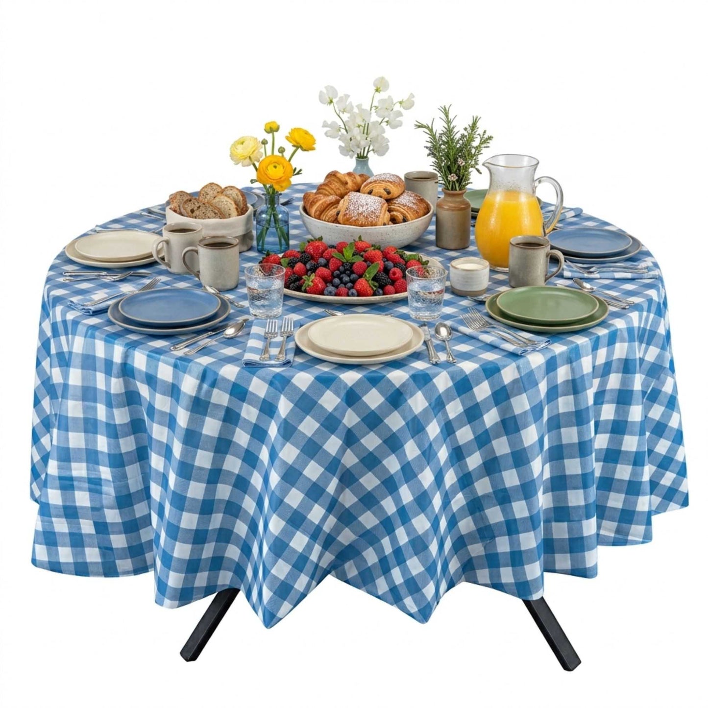 Table Tek Round Blue Gingham Plastic Table Cover - 84" - 20 count box
