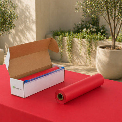 Table Tek Red Plastic Table Cover Roll - with Slide Cutter - 100' x 54" - 10 count box