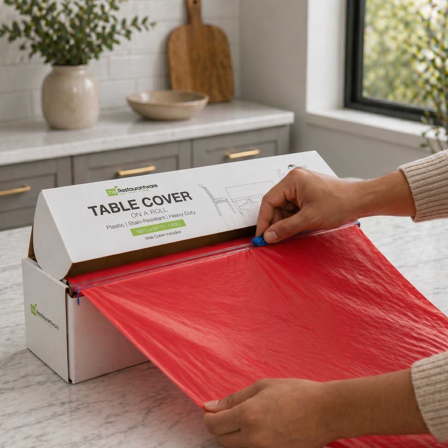 Table Tek Red Plastic Table Cover Roll - with Slide Cutter - 100' x 54" - 10 count box