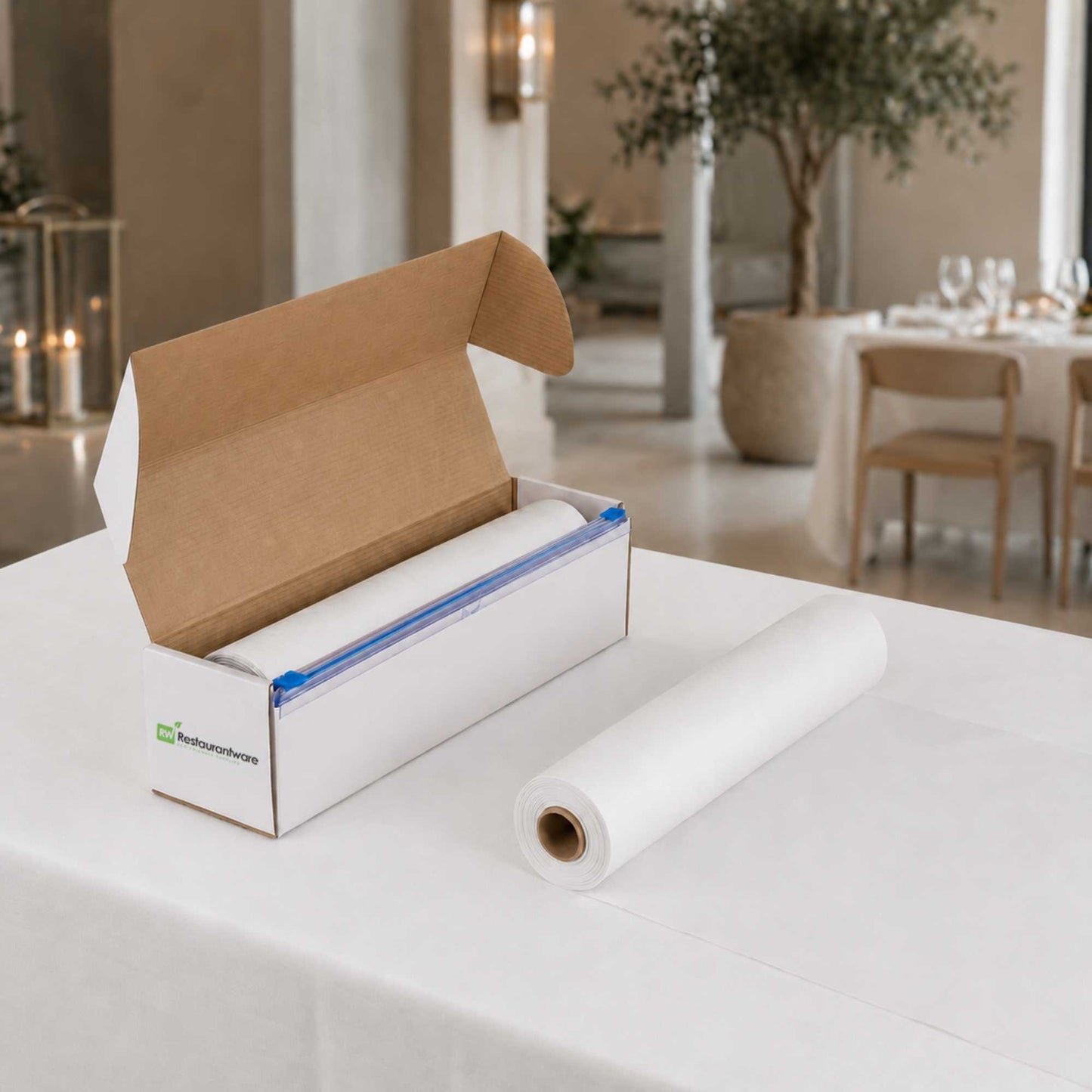 Table Tek White Plastic Table Cover Roll - with Slide Cutter - 100' x 54" - 10 count box