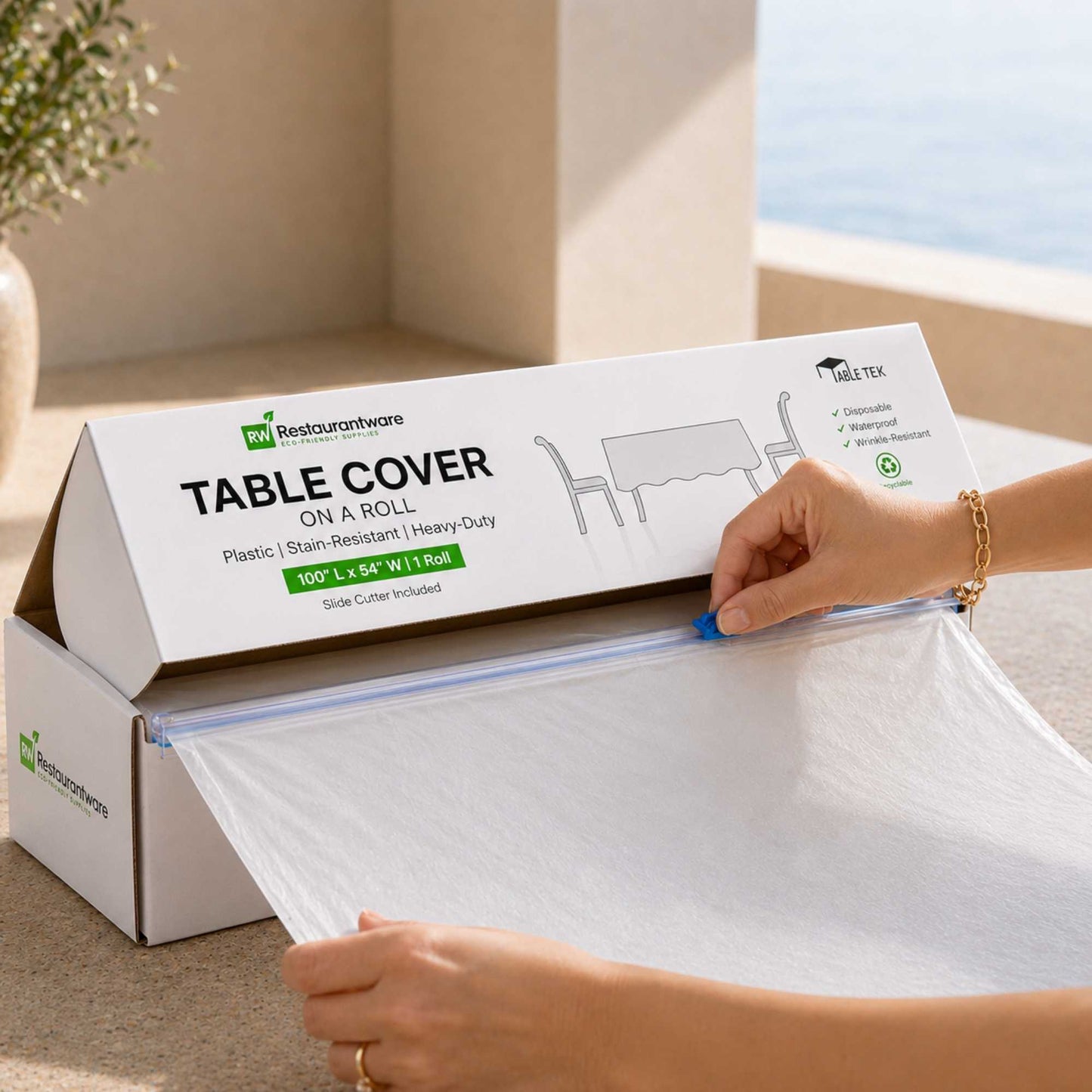 Table Tek White Plastic Table Cover Roll - with Slide Cutter - 100' x 54" - 10 count box