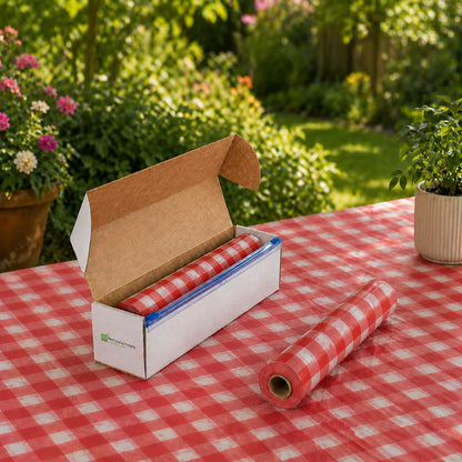 Table Tek Red Gingham Plastic Table Cover Roll - with Slide Cutter - 100' x 54" - 10 count box