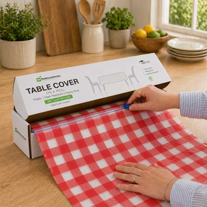 Table Tek Red Gingham Plastic Table Cover Roll - with Slide Cutter - 100' x 54" - 10 count box
