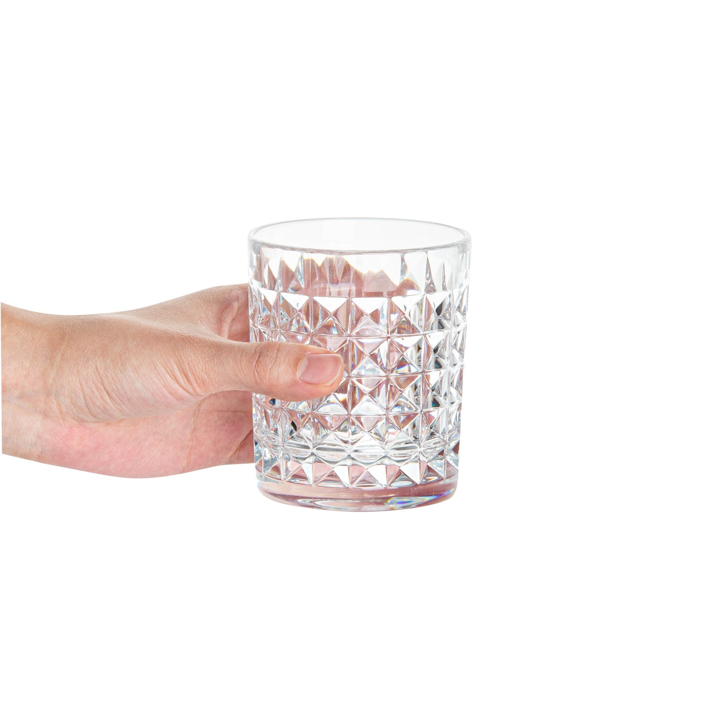 Bev Tek 9 oz Polycarbonate Old Fashioned Glass - Cut Crystal Design - 3 1/4" x 3 1/4" x 3 3/4" - 6 count box
