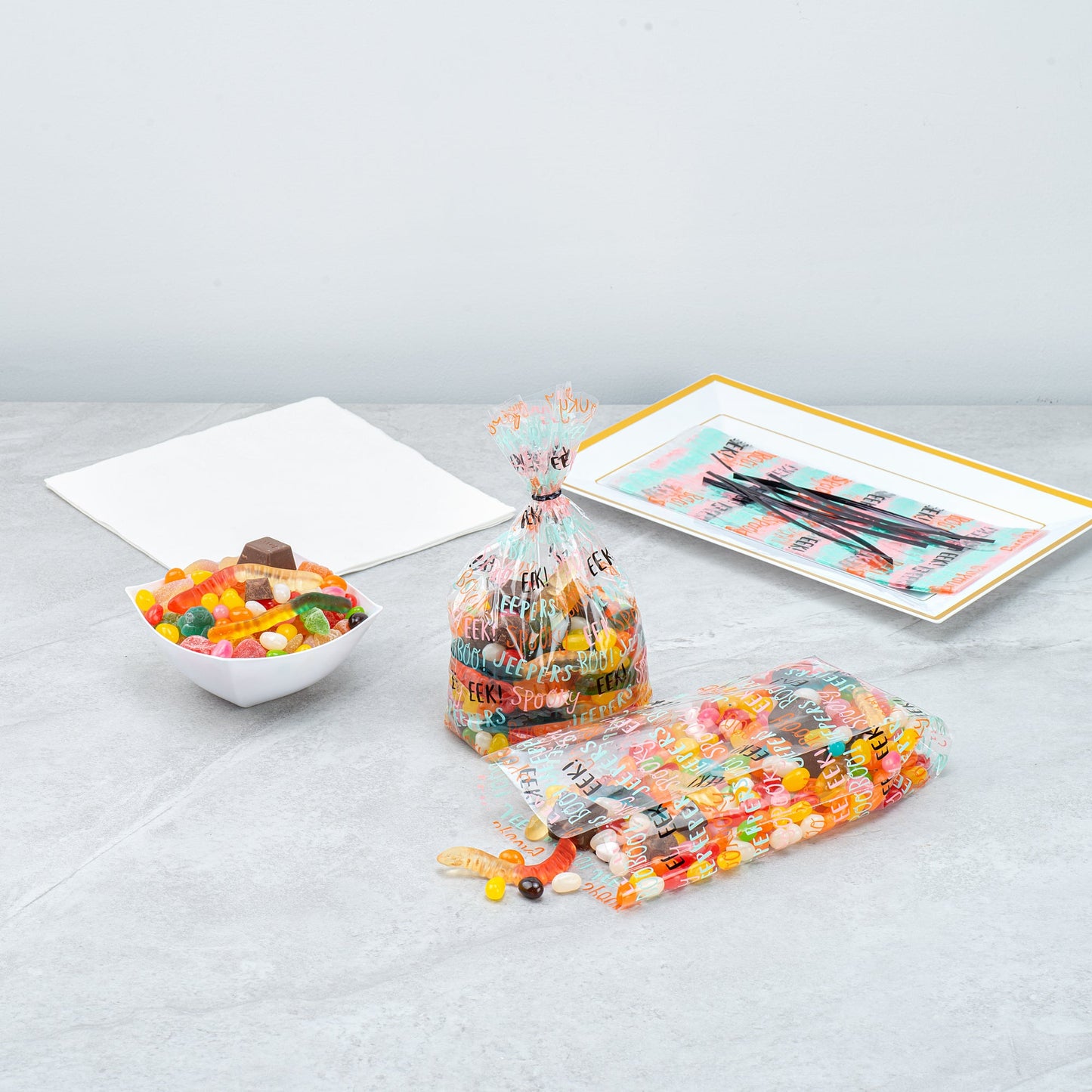 Bag Tek Plastic Candy Bag - Halloween Words, Gusseted - 4" x 2" x 9 1/2" - 100 count box