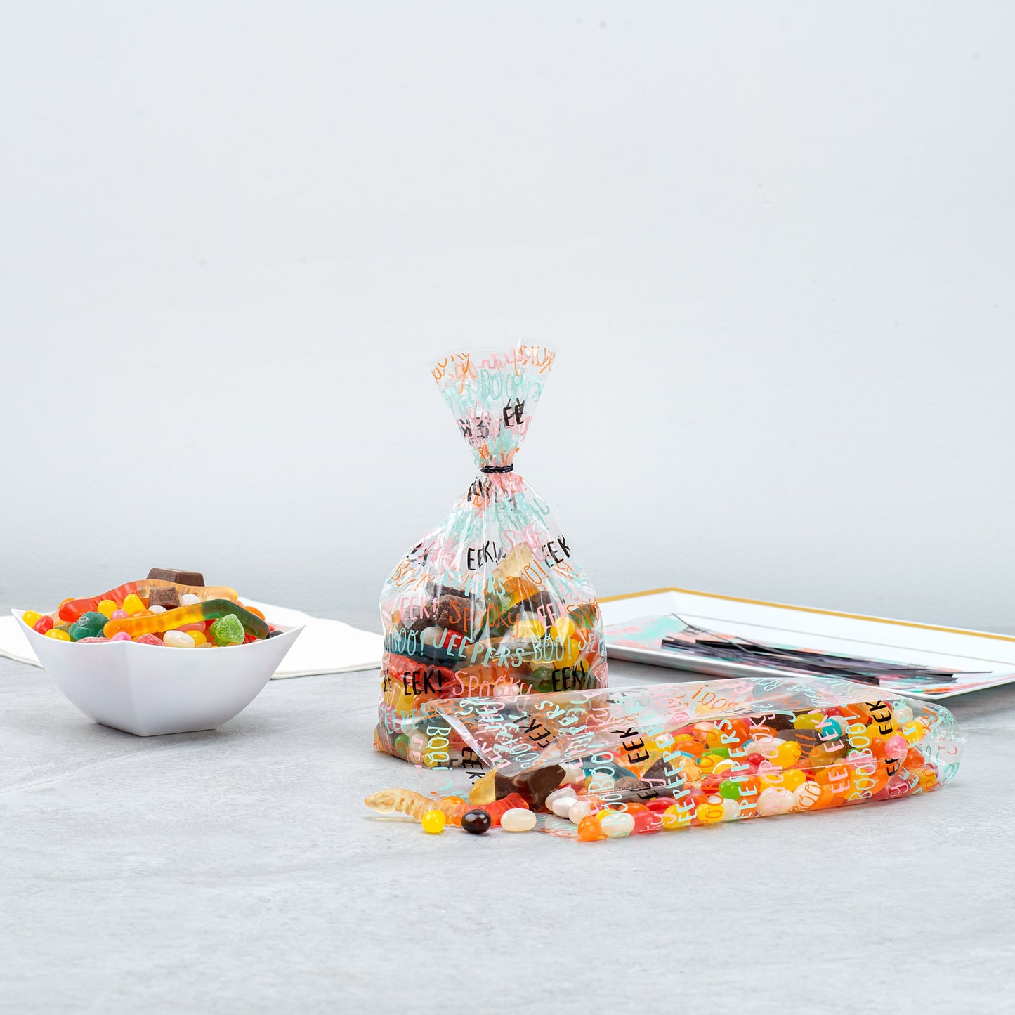 Bag Tek Plastic Candy Bag - Halloween Words, Gusseted - 4" x 2" x 9 1/2" - 100 count box