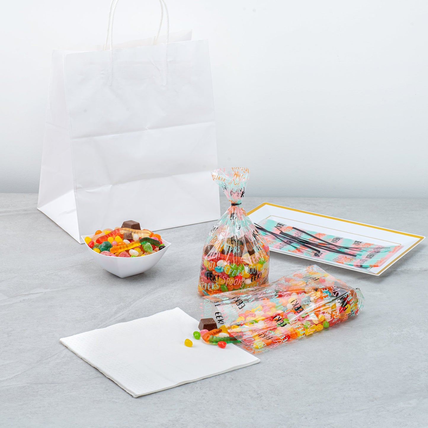 Bag Tek Plastic Candy Bag - Halloween Words, Gusseted - 4" x 2" x 9 1/2" - 100 count box