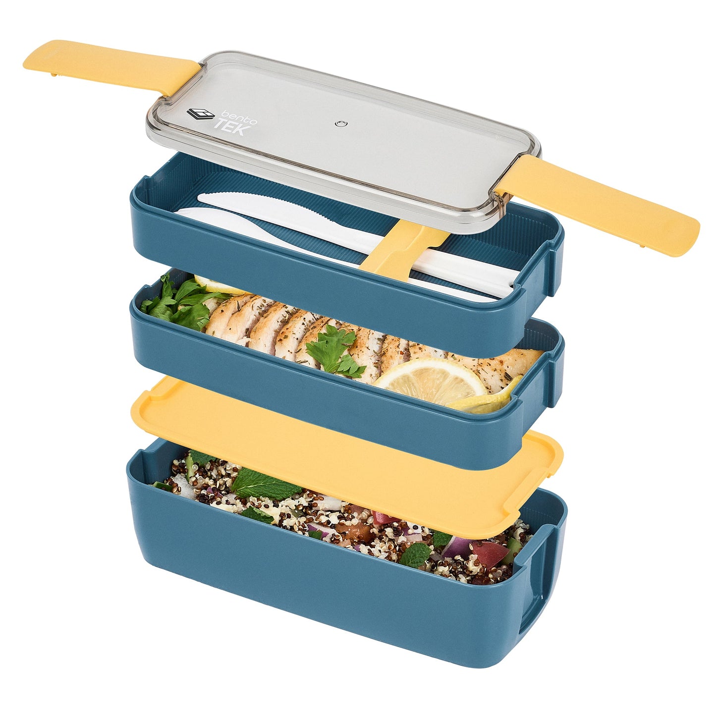 Bento Tek 30 oz Blue and Yellow 3-In-1 Lunch Box - BPA-Free, Microwave-Safe, with Fork and Knife - 7 1/2" x 3 1/4" x 4 1/2" - 1 count box