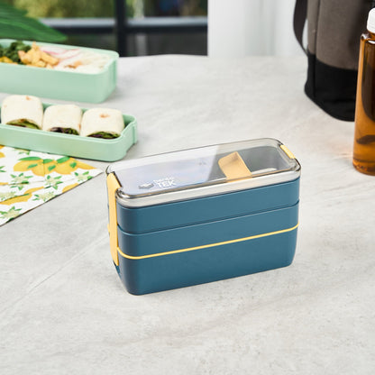 Bento Tek 30 oz Blue and Yellow 3-In-1 Lunch Box - BPA-Free, Microwave-Safe, with Fork and Knife - 7 1/2" x 3 1/4" x 4 1/2" - 1 count box