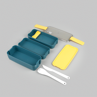 Bento Tek 30 oz Blue and Yellow 3-In-1 Lunch Box - BPA-Free, Microwave-Safe, with Fork and Knife - 7 1/2" x 3 1/4" x 4 1/2" - 1 count box