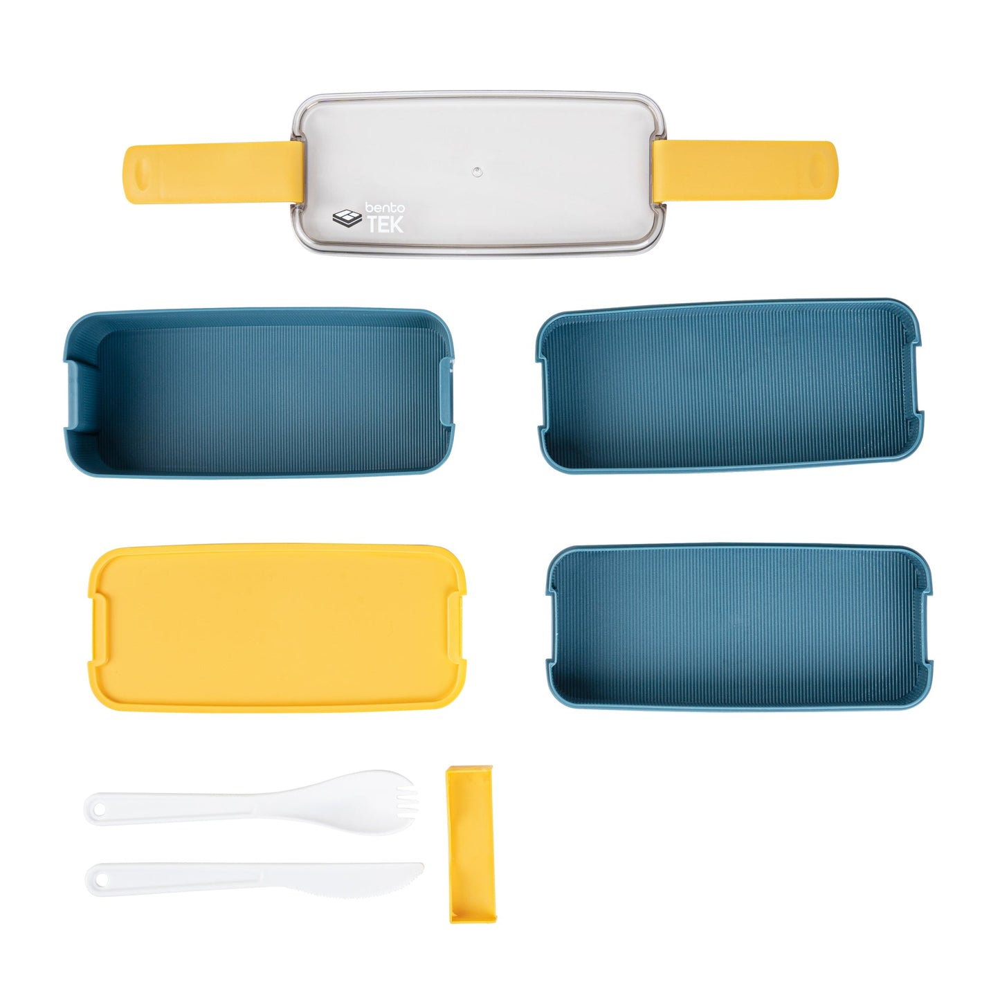 Bento Tek 30 oz Blue and Yellow 3-In-1 Lunch Box - BPA-Free, Microwave-Safe, with Fork and Knife - 7 1/2" x 3 1/4" x 4 1/2" - 1 count box