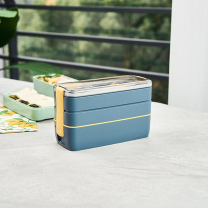 Bento Tek 30 oz Blue and Yellow 3-In-1 Lunch Box - BPA-Free, Microwave-Safe, with Fork and Knife - 7 1/2" x 3 1/4" x 4 1/2" - 1 count box
