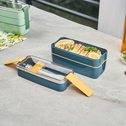 Bento Tek 30 oz Blue and Yellow 3-In-1 Lunch Box - BPA-Free, Microwave-Safe, with Fork and Knife - 7 1/2" x 3 1/4" x 4 1/2" - 1 count box