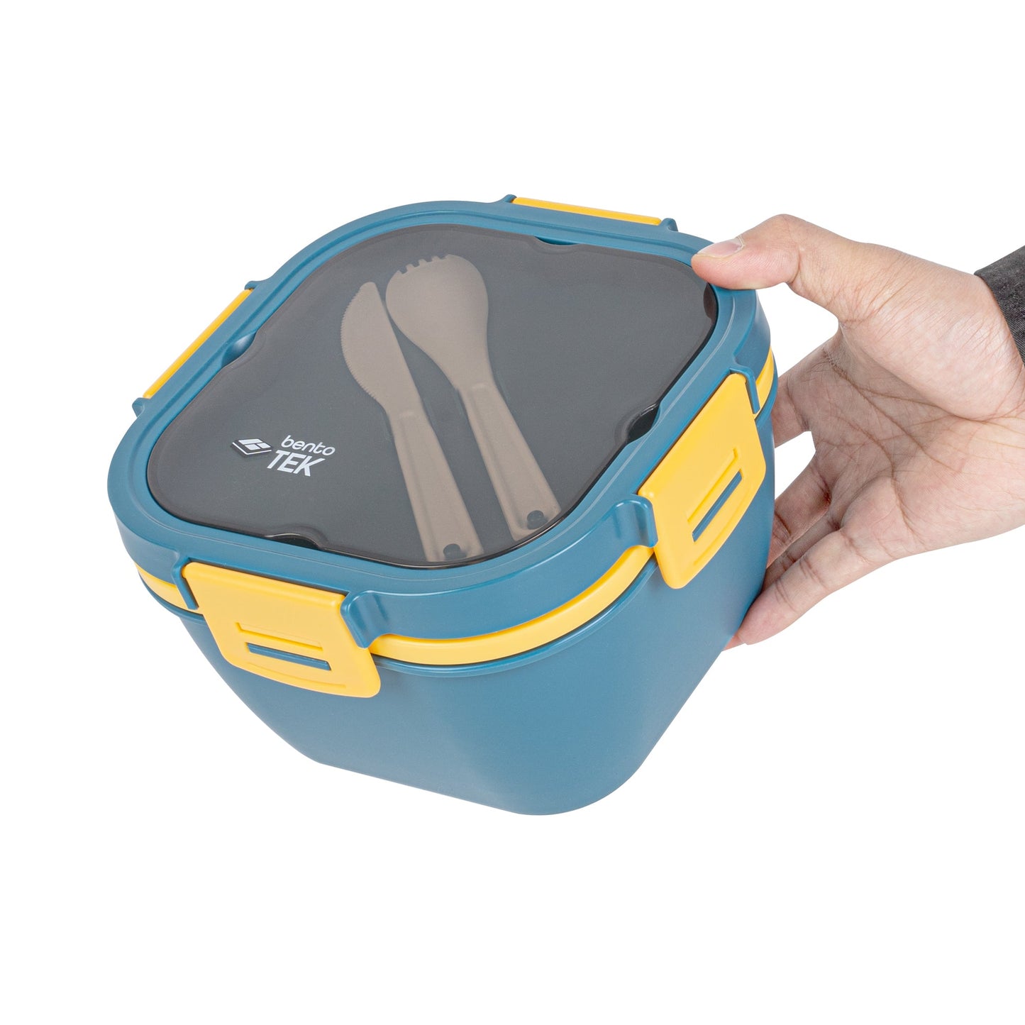 Bento Tek 58 oz Blue and Yellow Lunch Box - BPA-Free, Microwave-Safe, with Fork and Knife - 7 1/4" x 7 1/4" x 4 1/4" - 10 count box