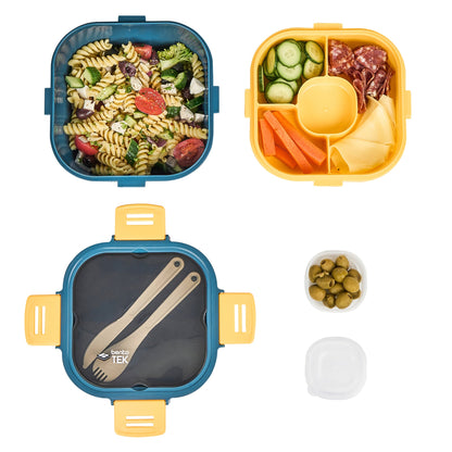 Bento Tek 58 oz Blue and Yellow Lunch Box - BPA-Free, Microwave-Safe, with Fork and Knife - 7 1/4" x 7 1/4" x 4 1/4" - 10 count box