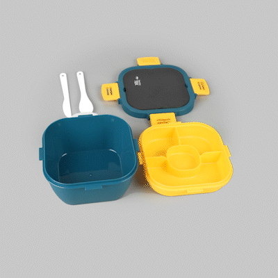 Bento Tek 58 oz Blue and Yellow Lunch Box - BPA-Free, Microwave-Safe, with Fork and Knife - 7 1/4" x 7 1/4" x 4 1/4" - 10 count box