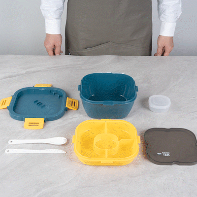 Bento Tek 58 oz Blue and Yellow Lunch Box - BPA-Free, Microwave-Safe, with Fork and Knife - 7 1/4" x 7 1/4" x 4 1/4" - 10 count box