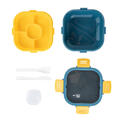Bento Tek 58 oz Blue and Yellow Lunch Box - BPA-Free, Microwave-Safe, with Fork and Knife - 7 1/4" x 7 1/4" x 4 1/4" - 10 count box