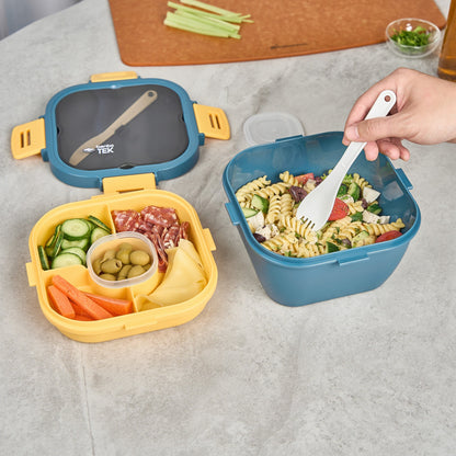 Bento Tek 58 oz Blue and Yellow Lunch Box - BPA-Free, Microwave-Safe, with Fork and Knife - 7 1/4" x 7 1/4" x 4 1/4" - 10 count box
