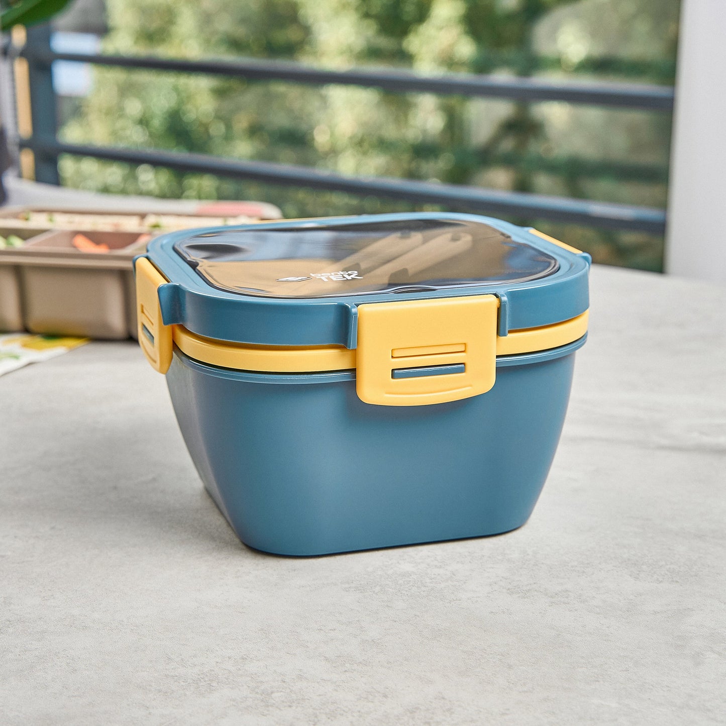 Bento Tek 58 oz Blue and Yellow Lunch Box - BPA-Free, Microwave-Safe, with Fork and Knife - 7 1/4" x 7 1/4" x 4 1/4" - 10 count box