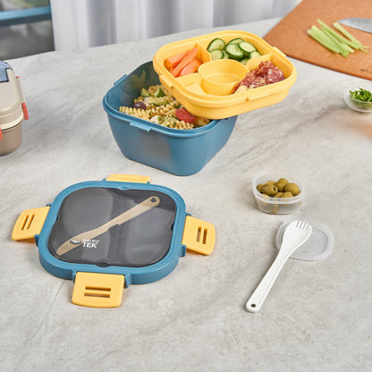 Bento Tek 58 oz Blue and Yellow Lunch Box - BPA-Free, Microwave-Safe, with Fork and Knife - 7 1/4" x 7 1/4" x 4 1/4" - 10 count box