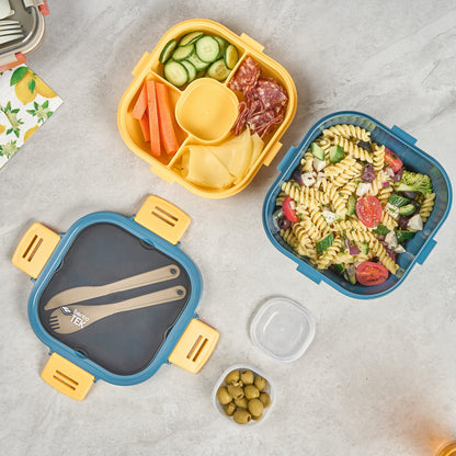 Bento Tek 58 oz Blue and Yellow Lunch Box - BPA-Free, Microwave-Safe, with Fork and Knife - 7 1/4" x 7 1/4" x 4 1/4" - 10 count box