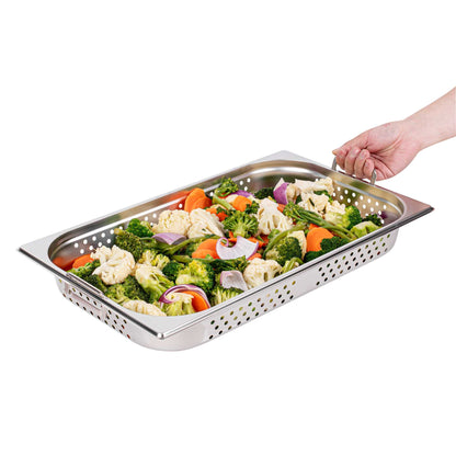 Met Lux Rectangle Stainless Steel Full Size Steam Table Pan 2.5 Inch Deep - Perforated, Anti Jam, Collapsible Handles - 1 count box